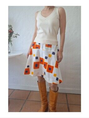 VTG 60s Mod Geometric Print Skirt White Orange Blue Square Abstract A-Line
